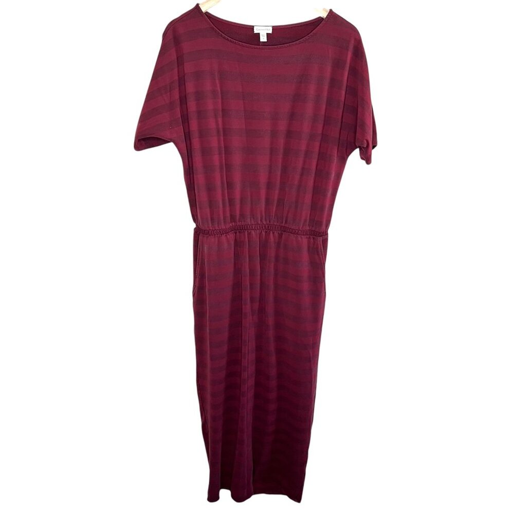 Garnet Hill Womens Striped Burgundy Tencel Blend Cinched Waist Midi Dress